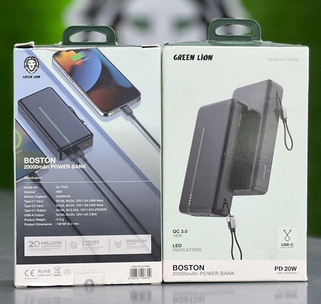 پاور بانک green lion مدل boston با ظرفیت 20000 و سرعت 20 وات